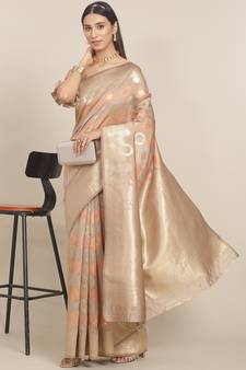 Brown printed banarasi silk saree with blouse
