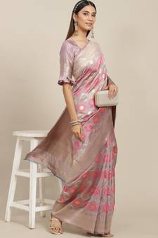 Purple printed banarasi silk saree with blouse