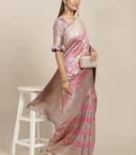 Purple printed banarasi silk saree with blouse