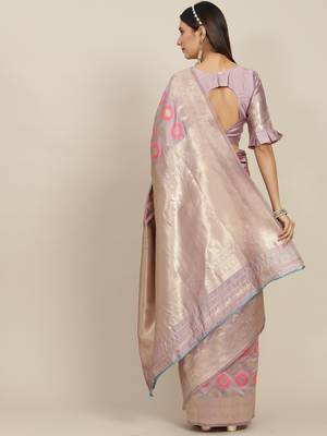 Purple printed banarasi silk saree with blouse 3