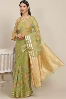 Green embroidered organza saree with blouse
