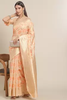 Peach printed banarasi silk saree with blouse