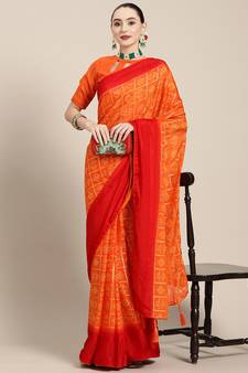 Orange printed georgette saree with blouse