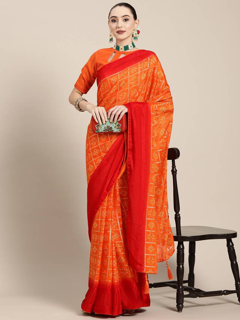 Orange printed georgette saree with blouse