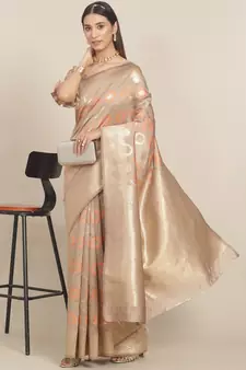 Brown printed banarasi silk saree with blouse