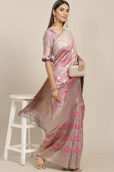 Purple printed banarasi silk saree with blouse