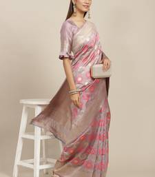 Purple printed banarasi silk saree with blouse