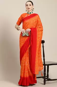 Orange printed georgette saree with blouse