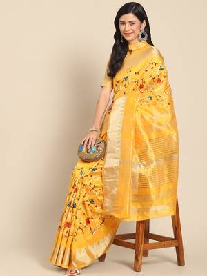 Yellow embroidered cotton silk saree with blouse 1