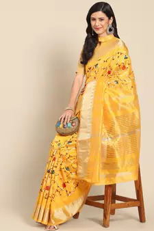 Yellow embroidered cotton silk saree with blouse