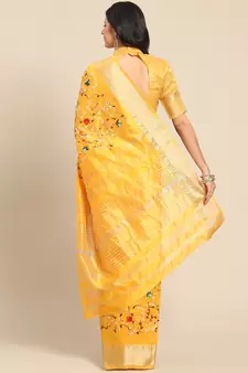 Yellow embroidered cotton silk saree with blouse