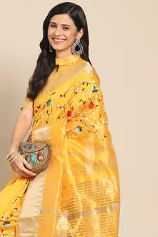 Yellow embroidered cotton silk saree with blouse