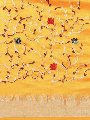 Yellow embroidered cotton silk saree with blouse 5