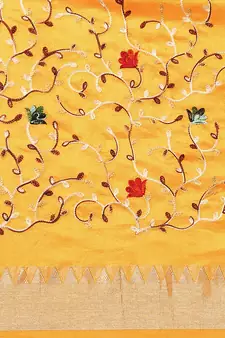 Yellow embroidered cotton silk saree with blouse