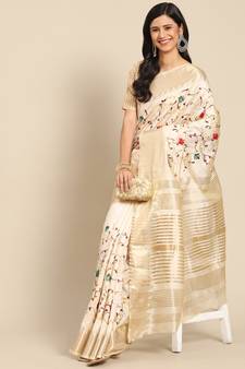 Cream embroidered cotton silk saree with blouse