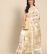 Cream embroidered cotton silk saree with blouse