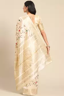 Cream embroidered cotton silk saree with blouse