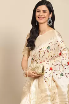 Cream embroidered cotton silk saree with blouse