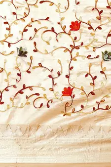 Cream embroidered cotton silk saree with blouse