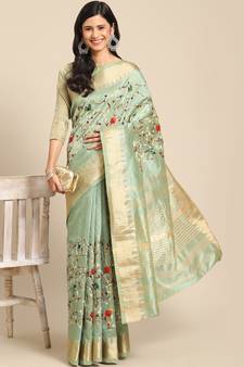 Green embroidered cotton silk saree with blouse