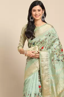 Green embroidered cotton silk saree with blouse