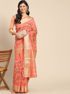 Peach embroidered cotton silk saree with blouse 1