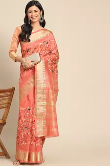 Peach embroidered cotton silk saree with blouse