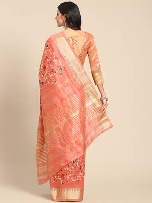Peach embroidered cotton silk saree with blouse 3