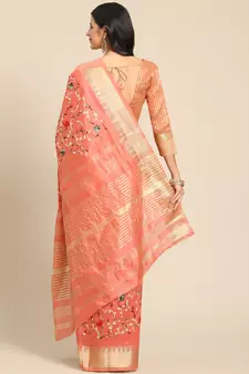 Peach embroidered cotton silk saree with blouse