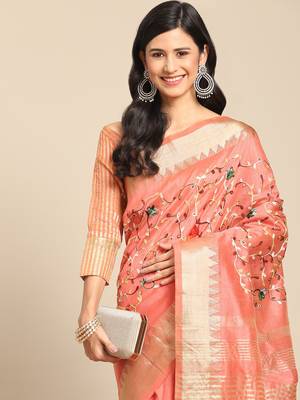 Peach embroidered cotton silk saree with blouse 4