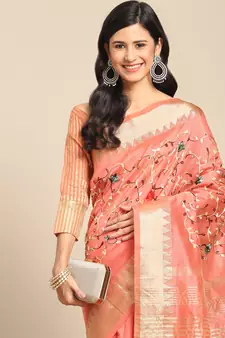 Peach embroidered cotton silk saree with blouse
