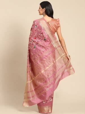 Pink embroidered cotton silk saree with blouse 3