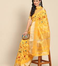 Yellow embroidered cotton silk saree with blouse