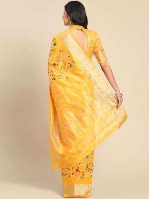 Yellow embroidered cotton silk saree with blouse 7