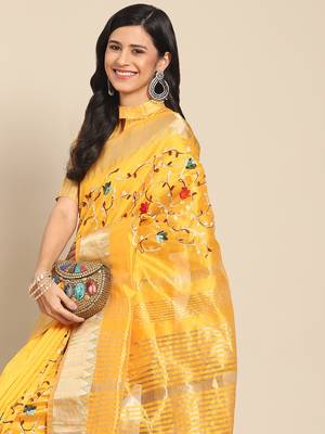 Yellow embroidered cotton silk saree with blouse 8