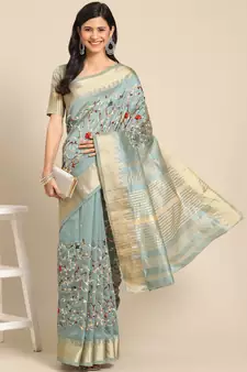 Blue embroidered cotton silk saree with blouse