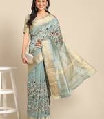 Blue embroidered cotton silk saree with blouse