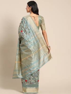 Blue embroidered cotton silk saree with blouse 3