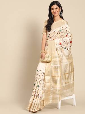 Cream embroidered cotton silk saree with blouse 2
