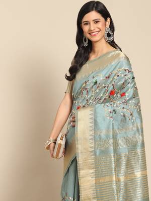 Blue embroidered cotton silk saree with blouse 4