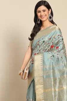 Blue embroidered cotton silk saree with blouse