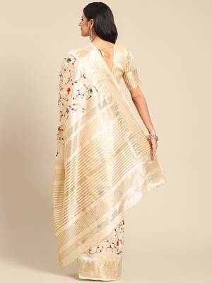 Cream embroidered cotton silk saree with blouse 7