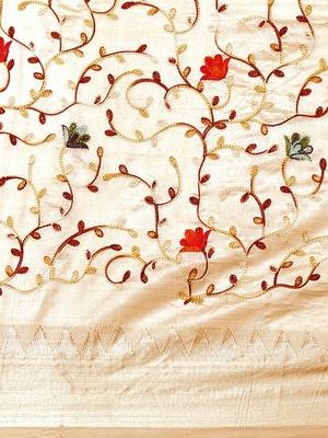 Cream embroidered cotton silk saree with blouse 9