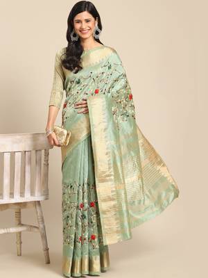 Green embroidered cotton silk saree with blouse 2