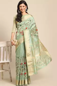 Green embroidered cotton silk saree with blouse