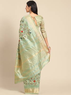 Green embroidered cotton silk saree with blouse 7