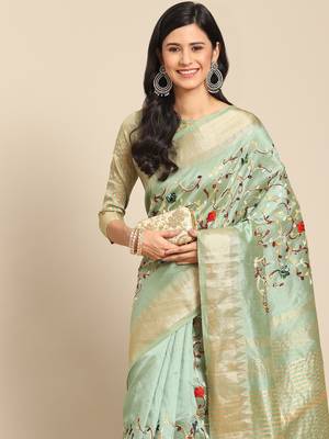 Green embroidered cotton silk saree with blouse 8