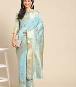 Sky blue embroidered cotton silk saree with blouse