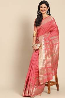 Pink embroidered cotton silk saree with blouse