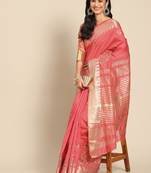 Pink embroidered cotton silk saree with blouse
